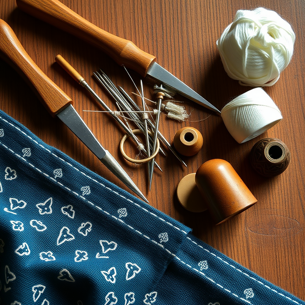 Traditional sashiko tools including special needles cotton thread thimbles and fabric arranged on wooden surface
